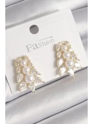  Altın Zirkon Taşlı Yaprak Model İnci Detay Çelik Küpe
