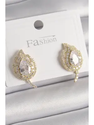  Altın Zirkon Taşlı Yaprak Model Çelik Küpe