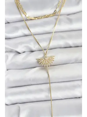 Pirinç Gold Renk Zirkon Taşlı Yelpaze Model Detaylı 3lü Kombin Y Kadın Kolye