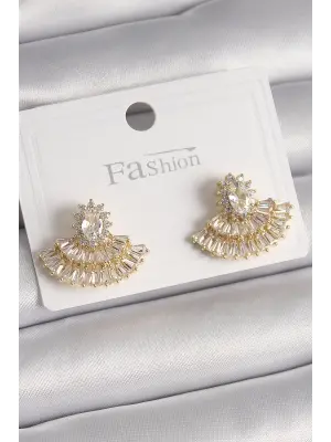  Altın Zirkon Taşlı Yelpaze Model Çelik Küpe