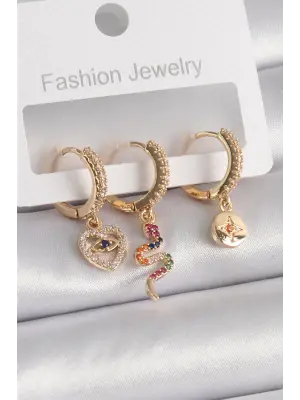  Altın Zirkon Taşlı Yılan Kalp Figür Çelik Küpe