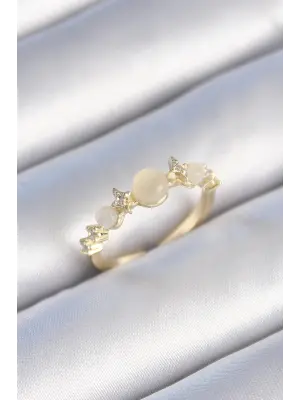  Altın Zirkon Taşlı Yıldız Detay Beyaz Mineli Çelik Yüzük