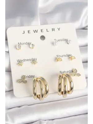 Pirinç Gold Renk Zirkon Taşlı Yıldız Detay Halka Figür 7Li Set Kadın Küpe