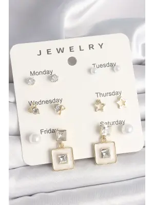 Pirinç Gold Renk Zirkon Taşlı Yıldız Figür Sallantı Beyaz Mineli Model 7Li Kadın Küpe Seti
