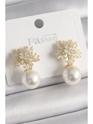  Altın Zirkon Taşlı Yıldız İnci Detay Çelik Küpe