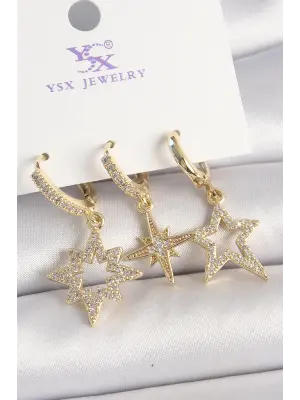 Pirinç Gold Renk Zirkon Taşlı Yıldız Model 3Lü Kadın Kombin Küpe