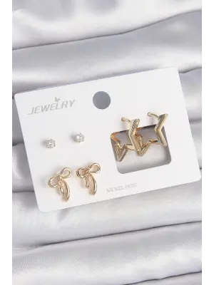 Pirinç Gold Renk Zirkon Taşlı Yıldız Model Fiyonk Detay 3 Çift Kadın Küpe Seti