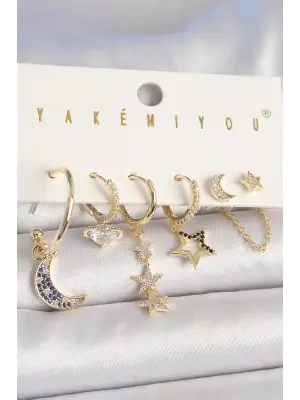 Pirinç Gold Renk Zirkon Taşlı Yıldız Model Hilal Detay 6Lı Kadın Kombin Küpe