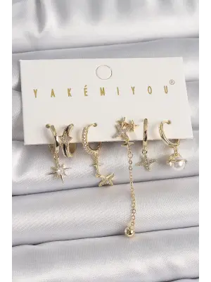  Altın Zirkon Taşlı Yıldız Model Çelik Küpe Kombini