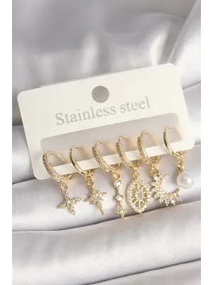 Pirinç Gold Renk Zirkon Taşlı Yıldız Model Kadın Küpe Seti