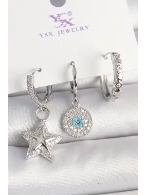 Pirinç Gold Renk Zirkon Taşlı Yıldız Model Nazar Boncuk Detay 3Lü Kadın Kombin Küpe