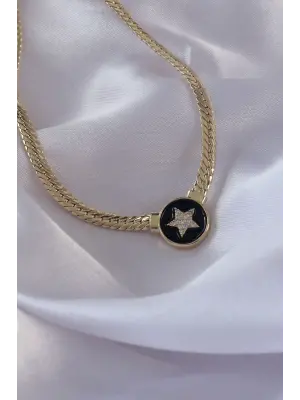 Pirinç Altın  Zirkon Taşlı Yıldız Model Siyah Mineli Ezme Zincirli Serenay Çelik Kolyesi