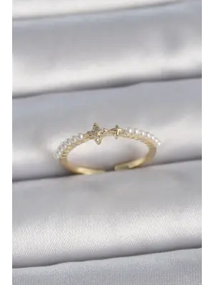  Altın Zirkon Taşlı Yıldız Sıralı İncili Ayarlanabilir Model Çelik Yüzük