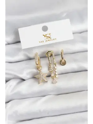 Çelik Gold Renk Zirkon Taşlı Yıldız Vintage Model YSX Trio Küpe Seti