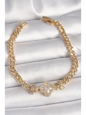 Pirinç Gold Renk Zirkon Taşlı Yonca Figür Zincir Model Kadın Bileklik
