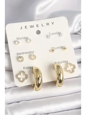 Pirinç Gold Renk Zirkon Taşlı Yonca Halka Figür 7Li Set Kadın Küpe