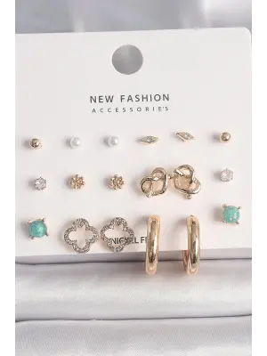  Altın Zirkon Taşlı Yonca Halka Figür İnci Detay 9 Çift Çelik Küpe Seti