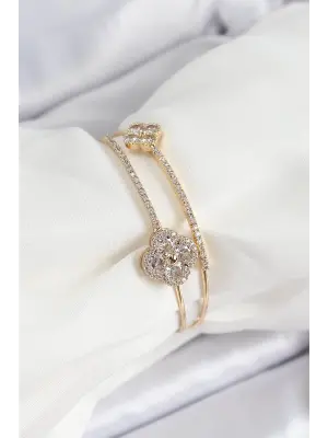 Pirinç Gold Renk Zirkon Taşlı Yonca Model 2li Kadın Bileklik