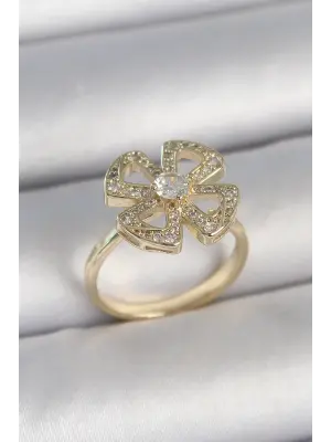 Pirinç Gold Renk Zirkon Taşlı Yonca Model Ayarlanabilir Kadın Yüzük