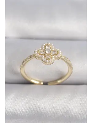  Altın Zirkon Taşlı Yonca Model İnci Detay Çelik Yüzük