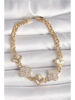 Pirinç Gold Renk Zirkon Taşlı Yonca Model Kadın Bileklik