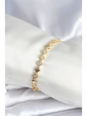 Pirinç Gold Renk Zirkon Taşlı Yonca Model Kadın Bileklik