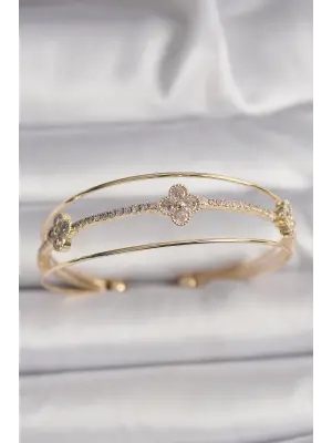 Pirinç Gold Renk Zirkon Taşlı Yonca Model Kadın Bileklik