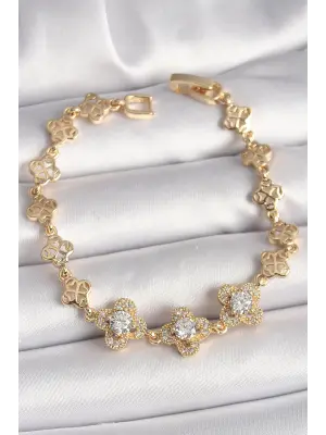 Pirinç Gold Renk Zirkon Taşlı Yonca Model Kadın Bileklik