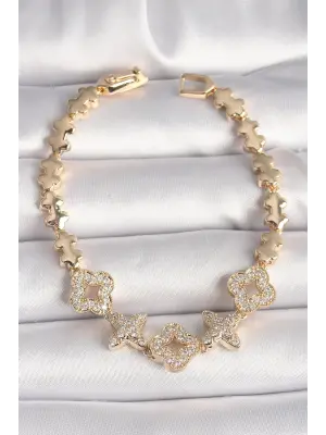 Pirinç Gold Renk Zirkon Taşlı Yonca Yıldız Model Kadın Bileklik