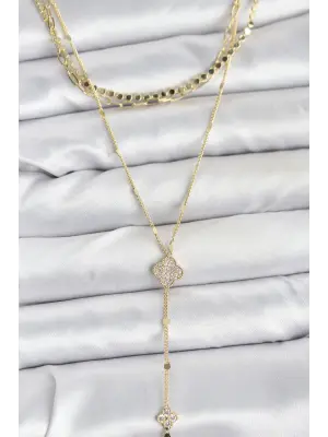 Pirinç Gold Renk Zirkon Taşlı Yoncalı Model Detaylı 3lü Kombin Y Kadın Kolye
