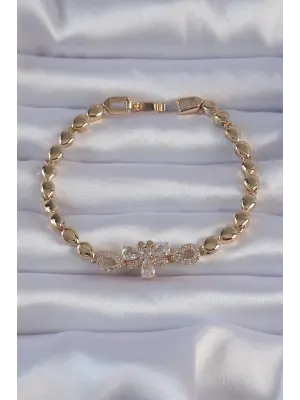 Pirinç Gold Renk Zirkon Taşlı Yusufçuk Figürlü Damla Model Bileklik