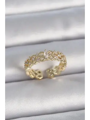  Altın Zirkon Taşlı Zikzak Ayarlanabilir Model Çelik Yüzük