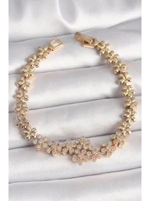 Pirinç Gold Renk Zirkon Taşlı Zincir Çiçek Model Kadın Bileklik