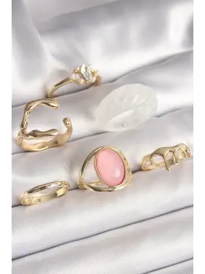  Altın Zirkonlı Oval Pembe Mineli 6Lı Çelik Yüzük Seti
