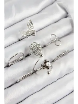 Pirinç Gül Kelebek Model Gümüş Renk Kadın Yüzük Kombin Set