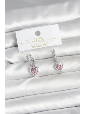 Pirinç Gümüş Pembe Renk Zirkon Taşlı Kalp Model Kadın Küpe