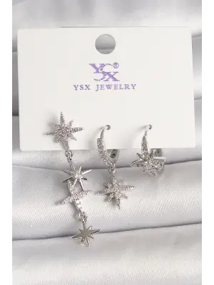 Pirinç Gümüş Ren Sallantı Zirkon Taşlı Kutup Yıldız Model 3Lü Kadın Kombin Küpe