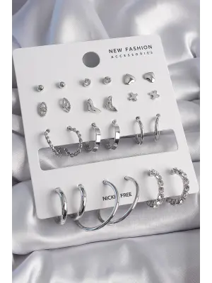  Gümüş 12 Çift Çelik Küpe Seti