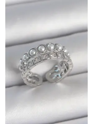 Pirinç Gümüş Renk 2Li Sıra Zirkon Taşlı Ve İncili Ayarlanabilir Kadın Yüzük