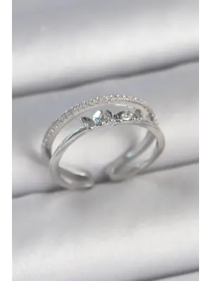 Pirinç Gümüş Renk 2Li Zirkon Taş Detaylı Kelebek Figür Ayarlanabilir Model Kadın Yüzük