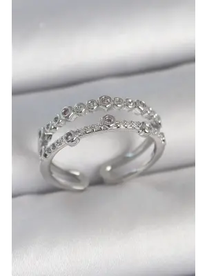 Pirinç Gümüş Renk 2Li Zirkon Taşlı Ayarlanabilir Model Kadın Yüzük