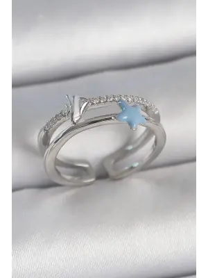 Pirinç Gümüş Renk 2Li Zirkon Taşlı Mavi Yıldız Figür Ayarlanabilir Kadın Yüzük
