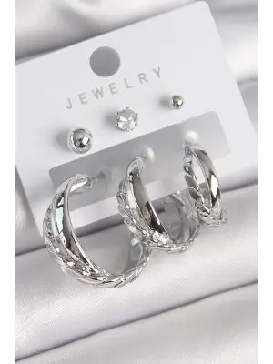  Gümüş 3Lü Halka Model Zirkon Taş Topçuk Detay Çelik Küpe Seti