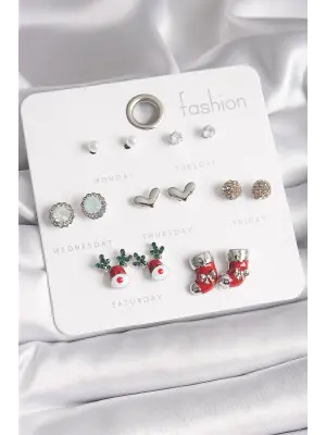  Gümüş 7 Çift Zirkon Taşlı Yıl Başı Temalı Çelik Küpe Seti