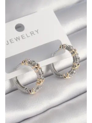  Gümüş Altın Detay Zirkon Taşlı Xoxo Halka Model Çelik Küpe