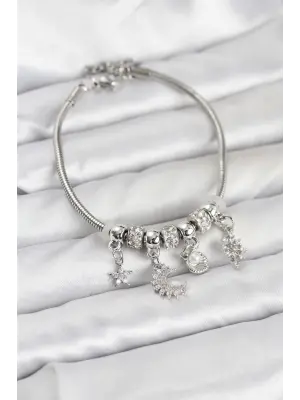 Çelik Gümüş Renk Ay Charm Model Charmlı Kadın Bileklik