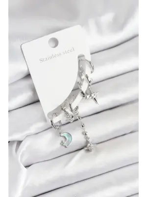 Pirinç Gümüş Renk Ay Model Kadın Set Küpe