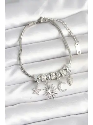 Pirinç Gümüş Renk Ay ve Güneş Charmlı Kadın Bileklik