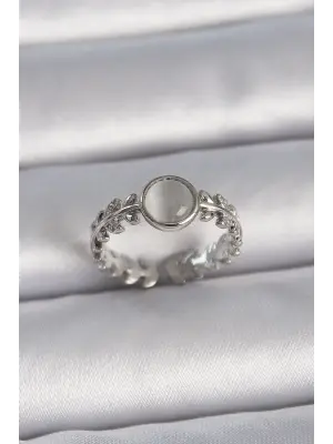  Gümüş Ayarlanabilir Beyaz Daire Mineli Yaprak Model Çelik Yüzük