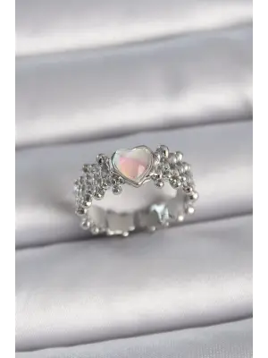  Gümüş Ayarlanabilir Beyaz Mineli Kalp Model Çelik Yüzük